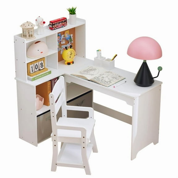 Wooden Kids Desk and Chair Set, Kids Coner Study Desk with Bookshelf & Storage Cabinet, Student Writing Table Computer Workstation for Home School,White
