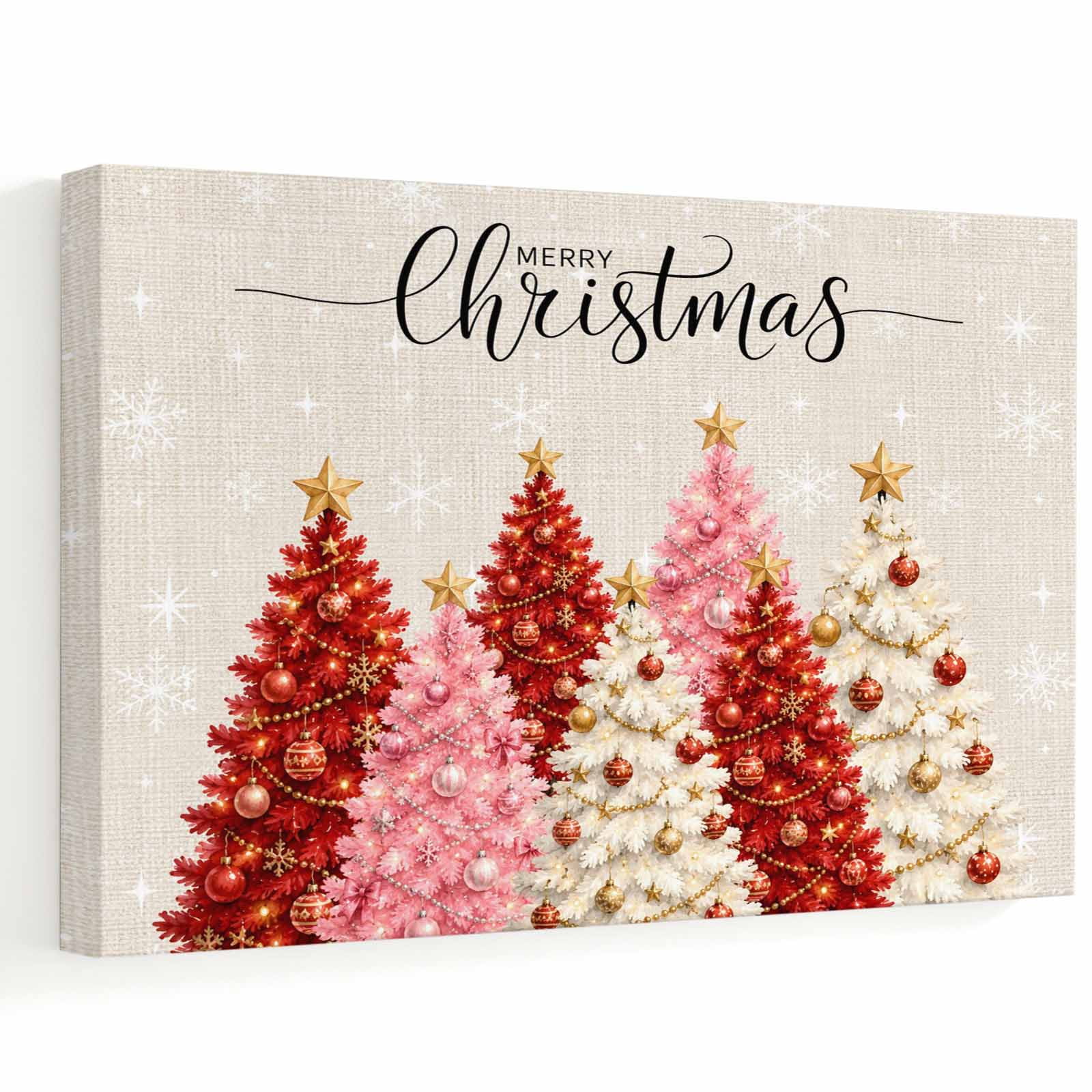 Merry Christmas Canvas Wall Art Rustic Pink Red Beige Christmas Trees Star Topper Wooden‑Stretched Canvas Print Artwork Home Wall Decor for Living Room Bedroom Office 36 Lx24 W