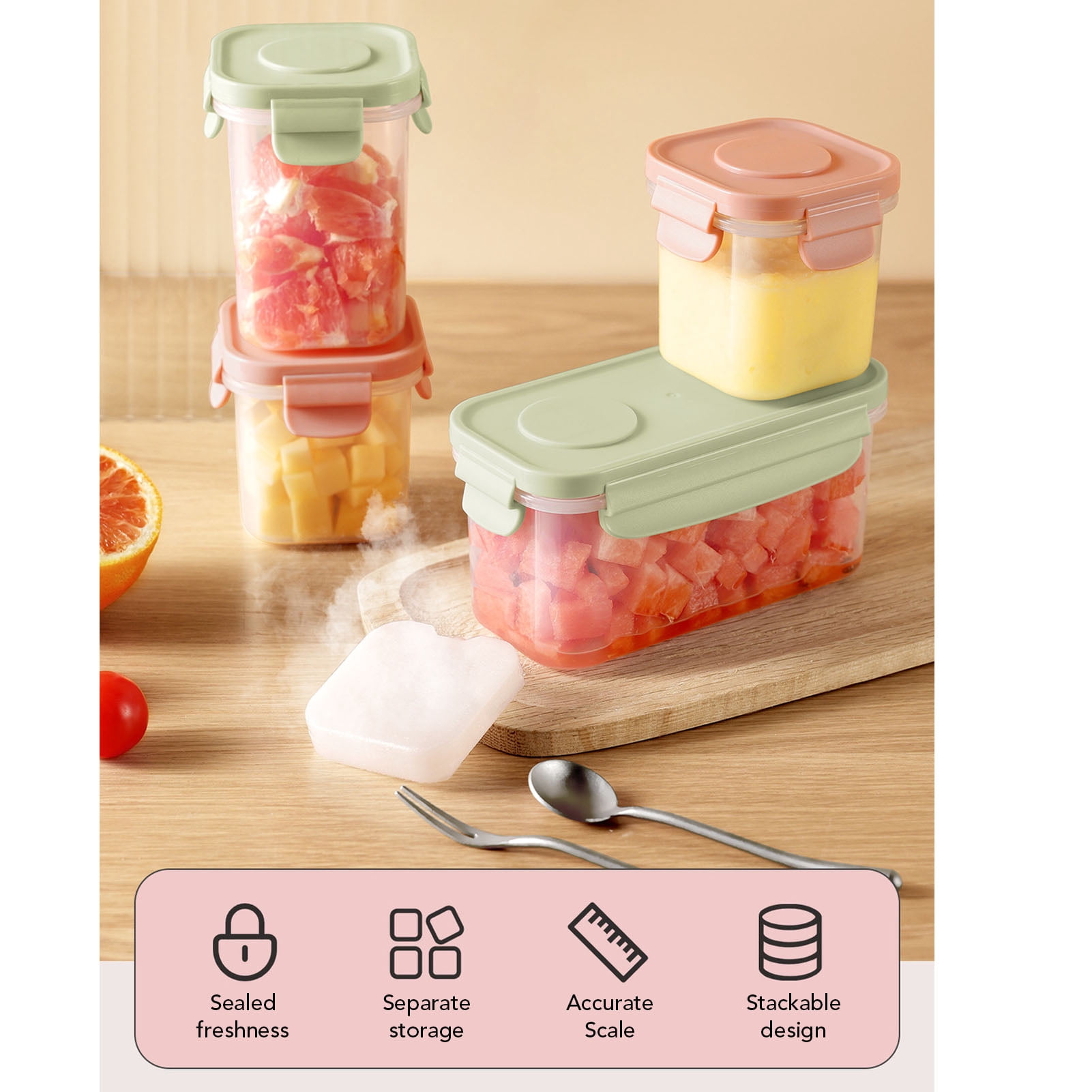 BIMZUC 3-Piece Baby Food Storage Jars, Stackable Microwavable Containers with Removable Ice Pack & Scale, BPA-Free Food Grade Container Box for Purees, 33.8 fl oz (1000ml), Green