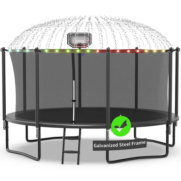 Kacho Trampoline 1200LBS 12FT Trampoline for Kids Adults, Trampoline with Basketball Hoop, Enclosure, Lights, Sprinkler, Outdoor Heavy Duty Galvanized Recreational Trampoline