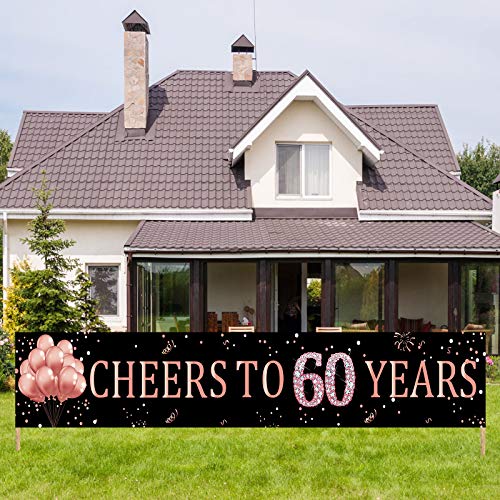 Kauayurk 60th Birthday Banner Decorations Supplies for Women, Cheers to 60 Years Birthday Party Decor, Rose Gold Happy Sixty Birthday Sign Backdrop(9.8x1.6ft)