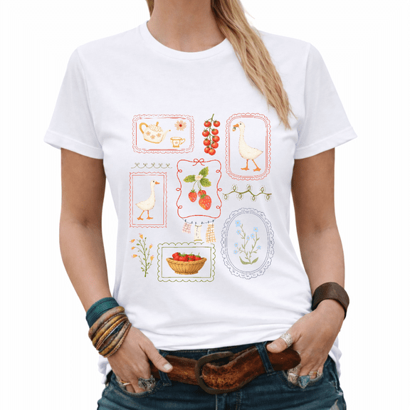 Cute Duck Teacup Floral Cottagecore Graphic Tee | Casual Daily Mom Fashion Black/White S-5XL Tops
