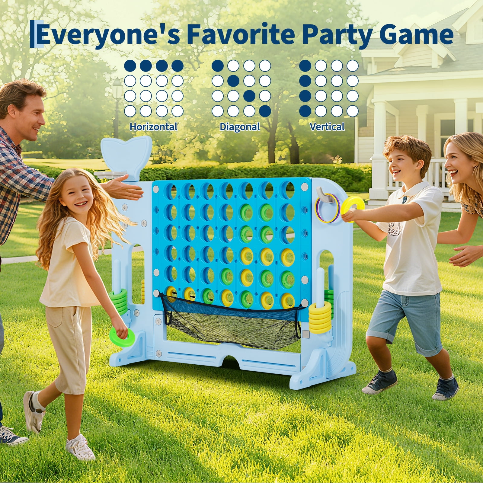 Adjustable Height 4-in-a-Row Game Center w/ Basketball, Golf & Ring Toss – Quick-Release Slider, Outdoor/Indoor Family Party Set for All Ages