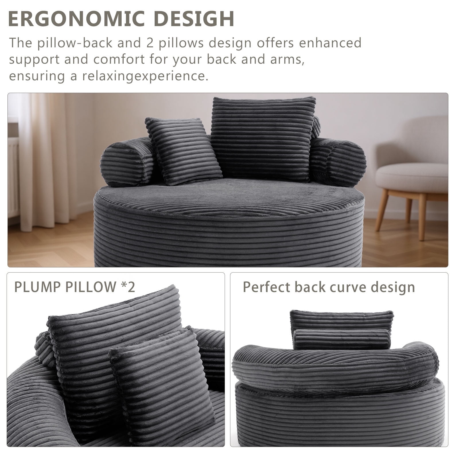 Miniyam 55.5" W Round Oversized Chaise Lounge Indoor Chair for Living Room, Cloud Couch with 3 Pillows, Dark Grey