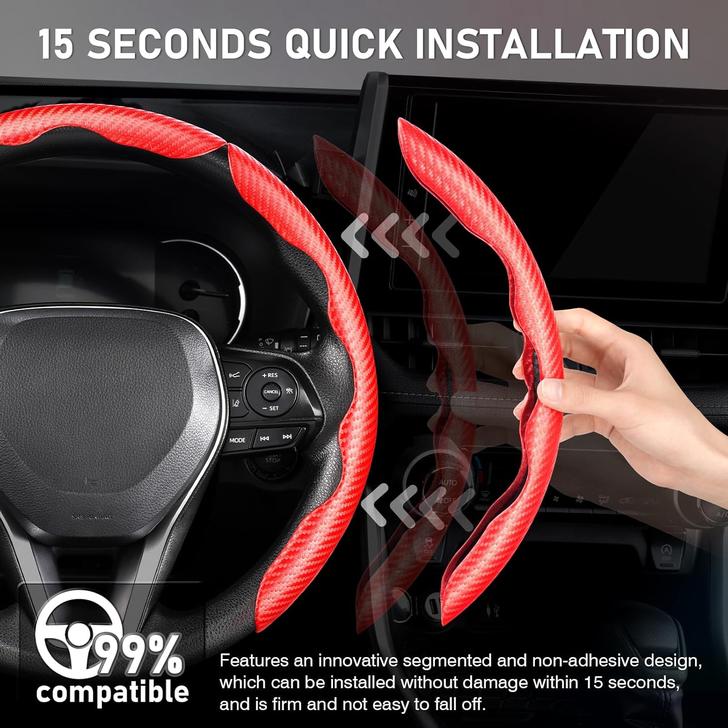 Canvcle 3 Piece Carbon Fiber Steering Wheel Cover, Car Steering Wheel Cover for Men/Women, Anti-Slip, Comfortable Grip, Durable, Universal for 99% Car Interior Accessories (Red)