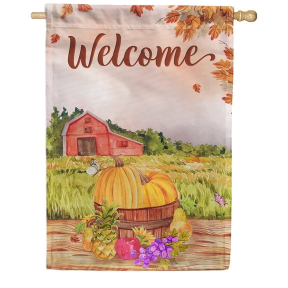 America Forever Welcome Fall Farm House Flag 28 x 40 inch Double Sided Autumn Harvest Pumpkins Red Barn Farmhouse Seasonal Yard Outdoor Decoration