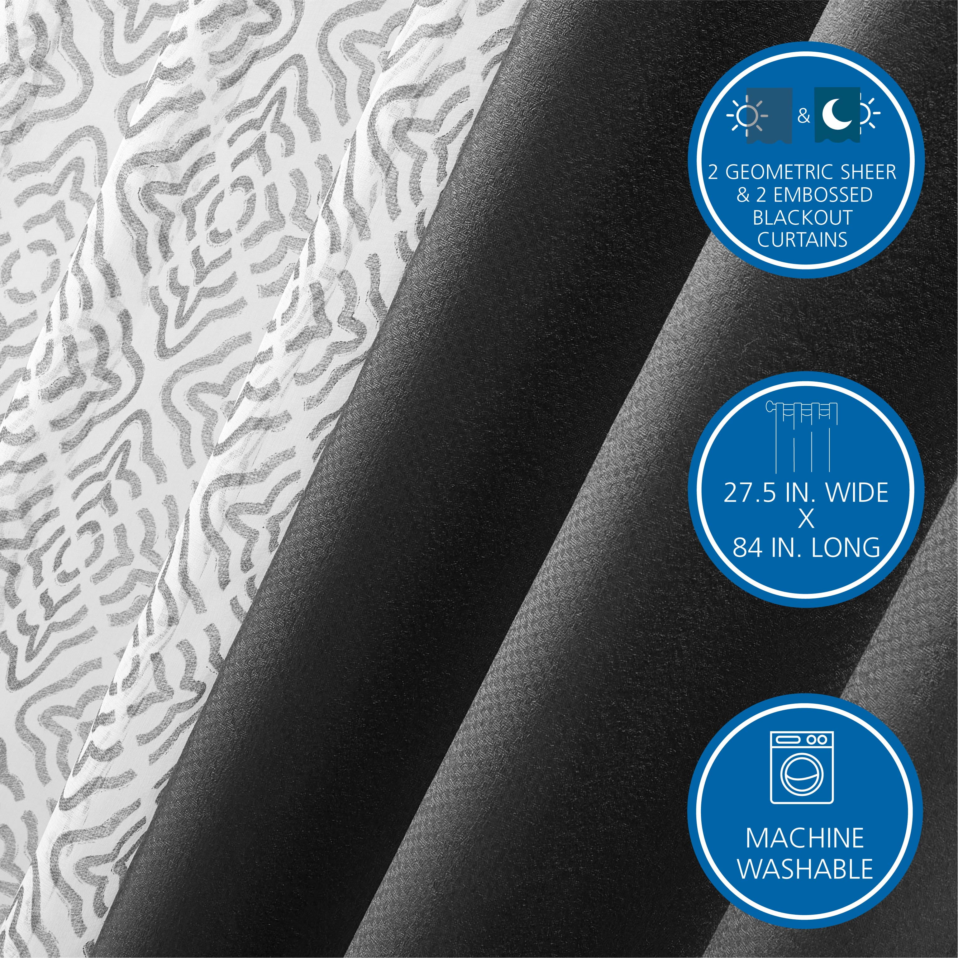 (2 pack) Mainstays Metallic Blackout Curtains and Sheers Set, 4 Panels, Soothing Gray, 27.5" W x 84” L