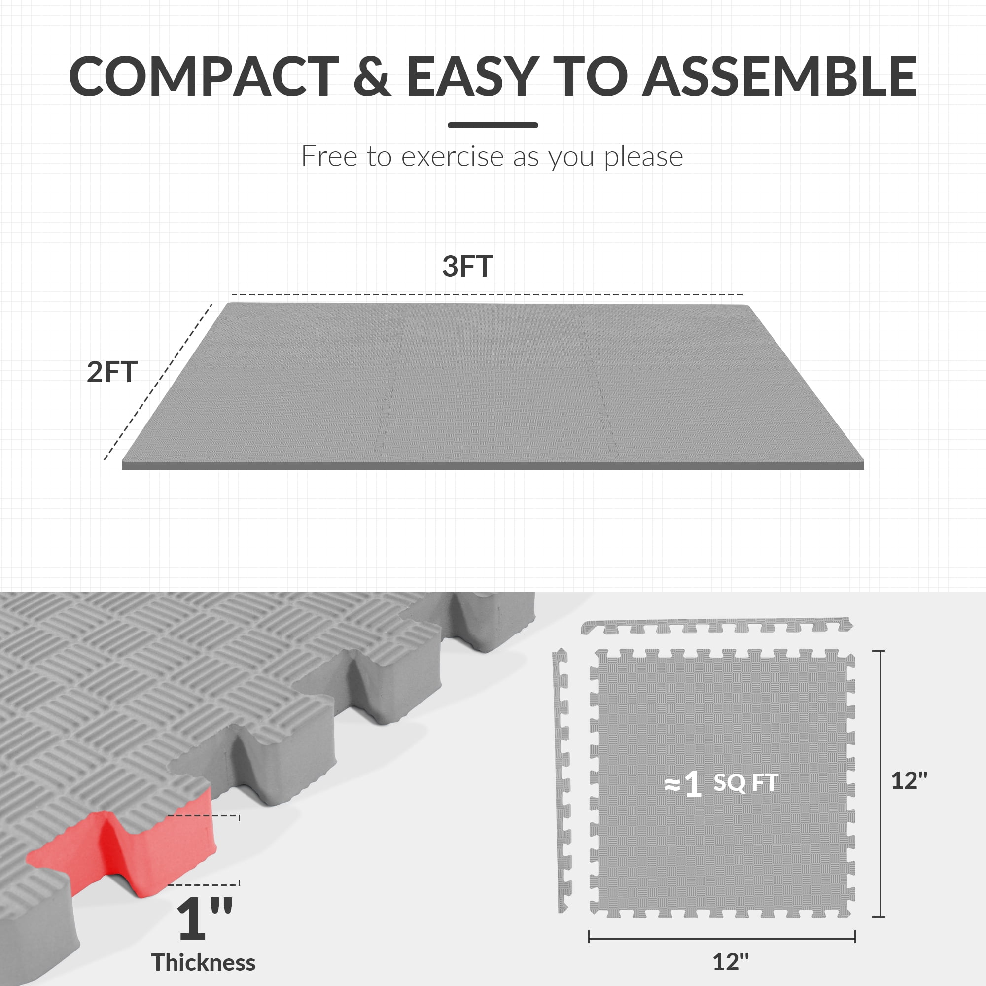 BalanceFrom EVA Foam Interlocking Floor Tiles, 63 × 63 cm, 1/2" 3/4" or 1" Thick, Anti-Slip Textured Mats in Multiple Colors, 6/12/24/36 Pack for Home Gym and Play Areas
