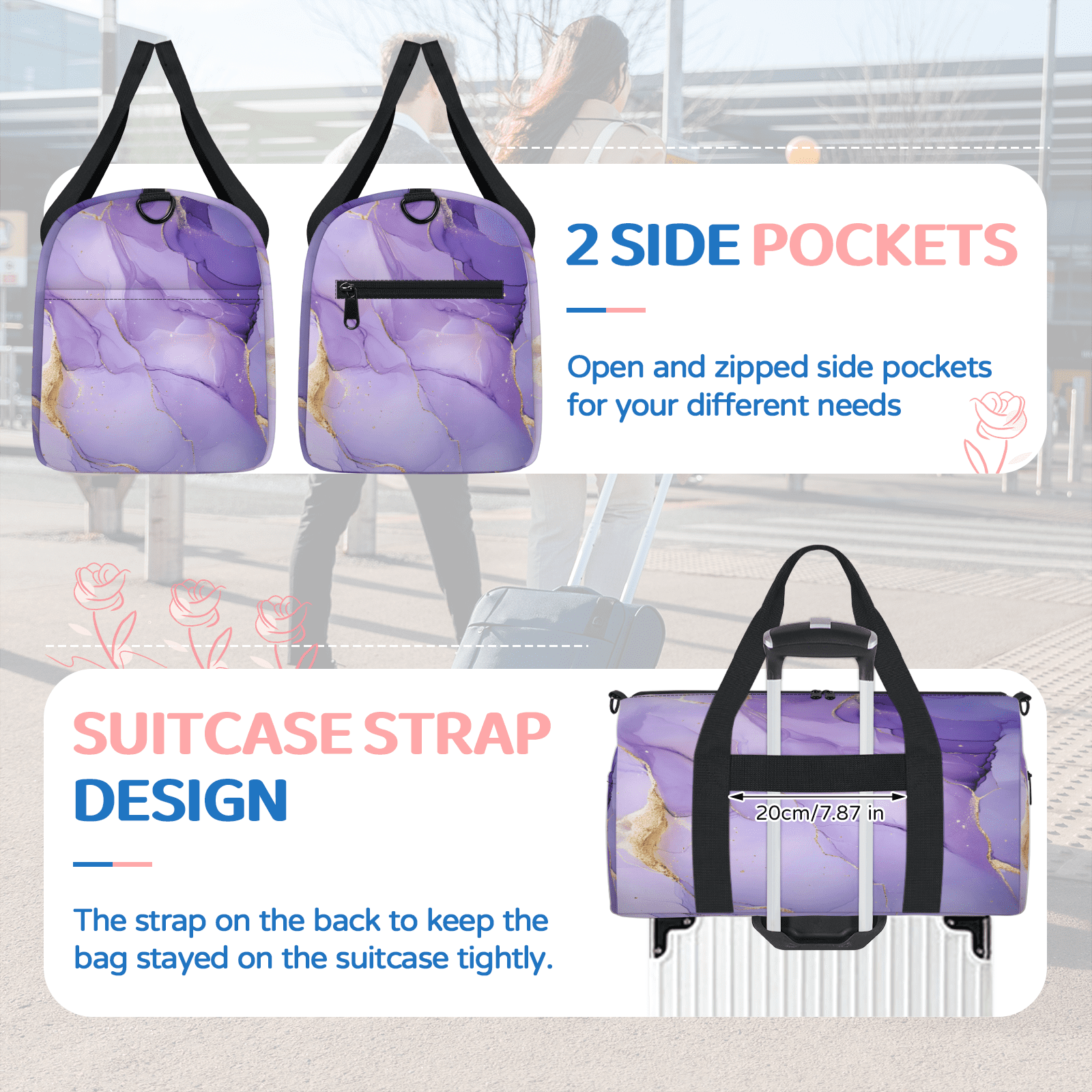 Herdesigns Purple Gym Bag for Women, Marble Duffle Bag for Travel Sport, Lightweight Waterproof Carry on Weekender Overnight Dance Yoga Workout Bags