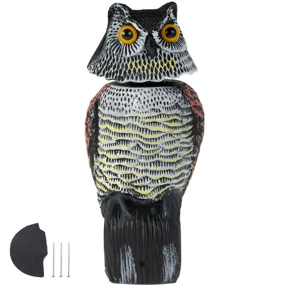 PENGXIANG Owl Scarecrow with Rotating Head and Sound Large Fake Owl Decoy Statue Realistic Plastic Bird Scarer Outdoor Pest Control Battery Powered for Garden Home Yard
