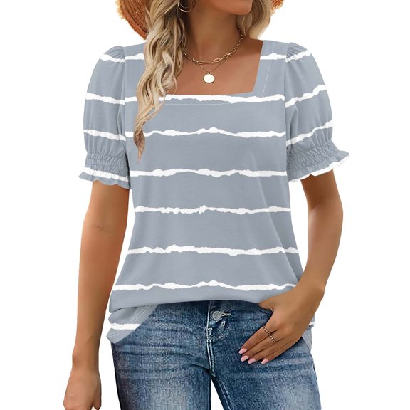 Tops for Women Summer Casual Ruffle Trim Sleeve Square Neck T-Shirts, Striped Printed Loose Fit Blouse, Stylish and Comfortable Short Sleeve Top, Limited Time Off