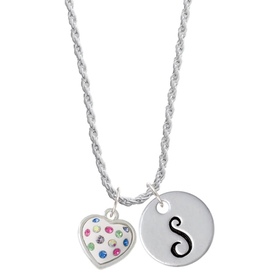 Delight Jewelry Silvertone White Resin Heart with Spring Crystals Silvertone Script Initial Disc - S - Charm Necklace, 20"+3"