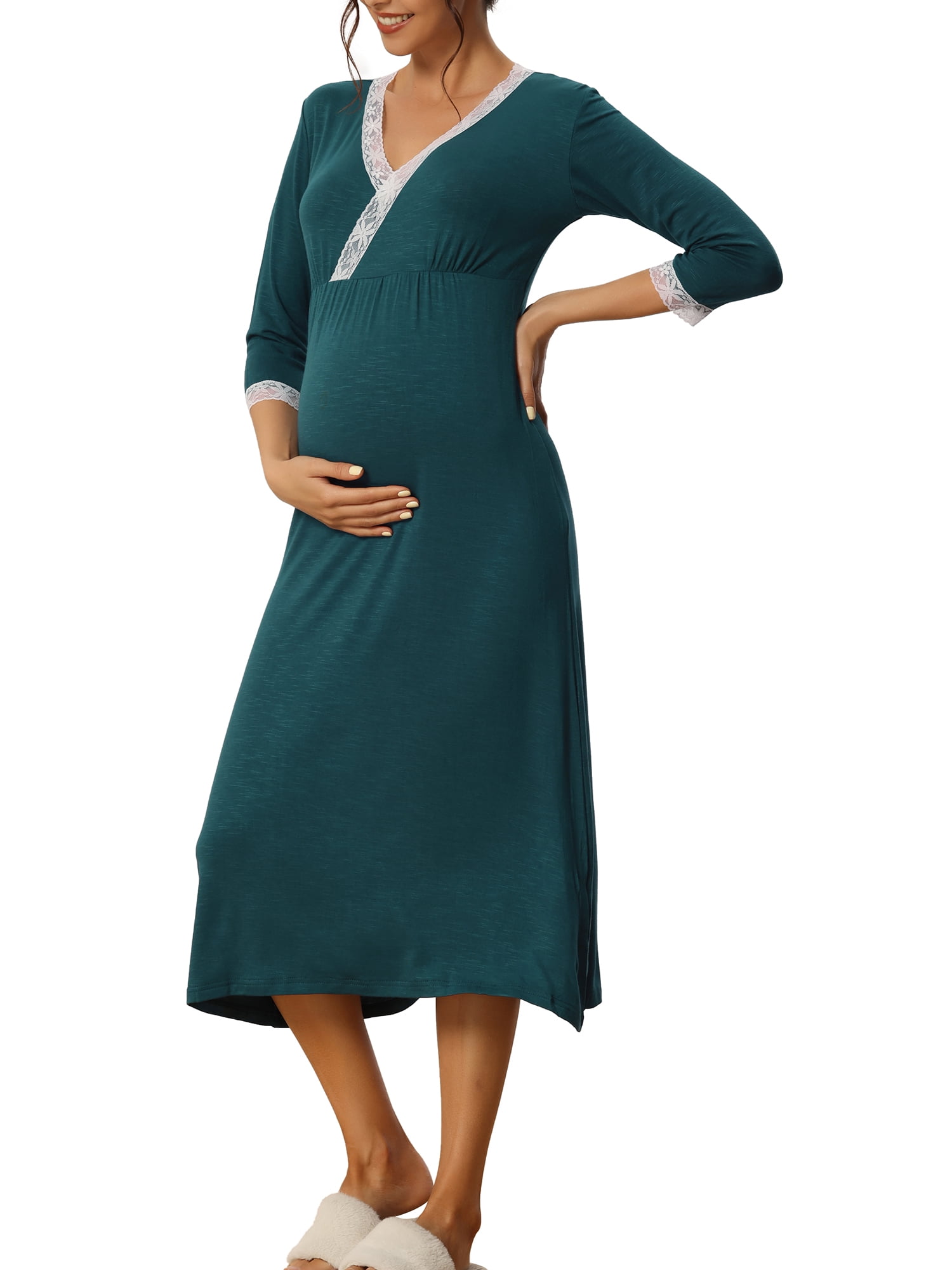 Unique Bargains Womens Sleepwear Soft Lace Trim V Neck Rayon Nightshirt Midi Nightgowns M Peacock Green