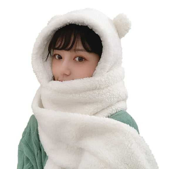 Yokua Head Warmer Fleece Plush Scarf Hooded Hat Bear Ear Scarf Set Earflap