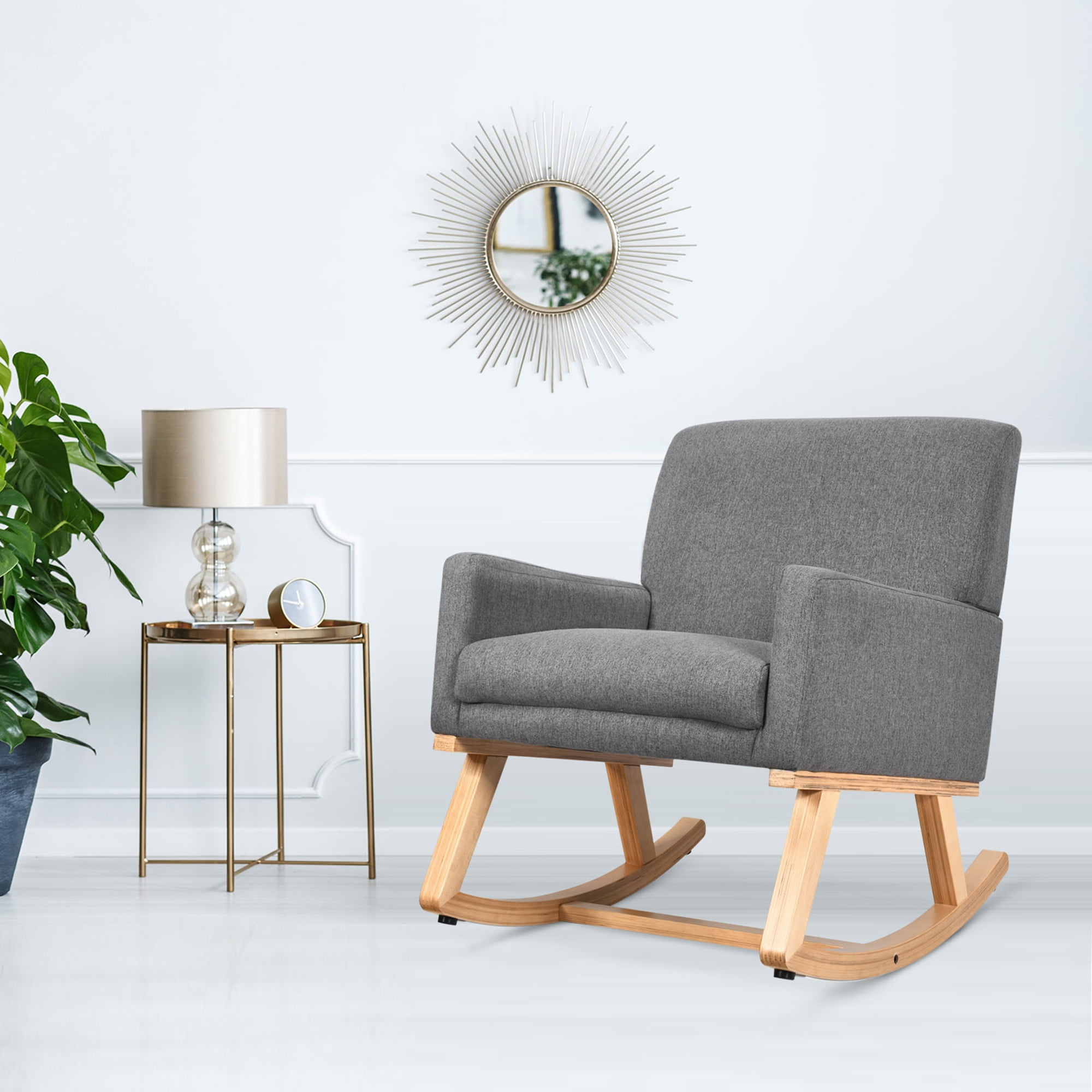 Gymax Mid Century Accent Armchair Fabric Rocking Chair Upholstered Lounge Chair Gray
