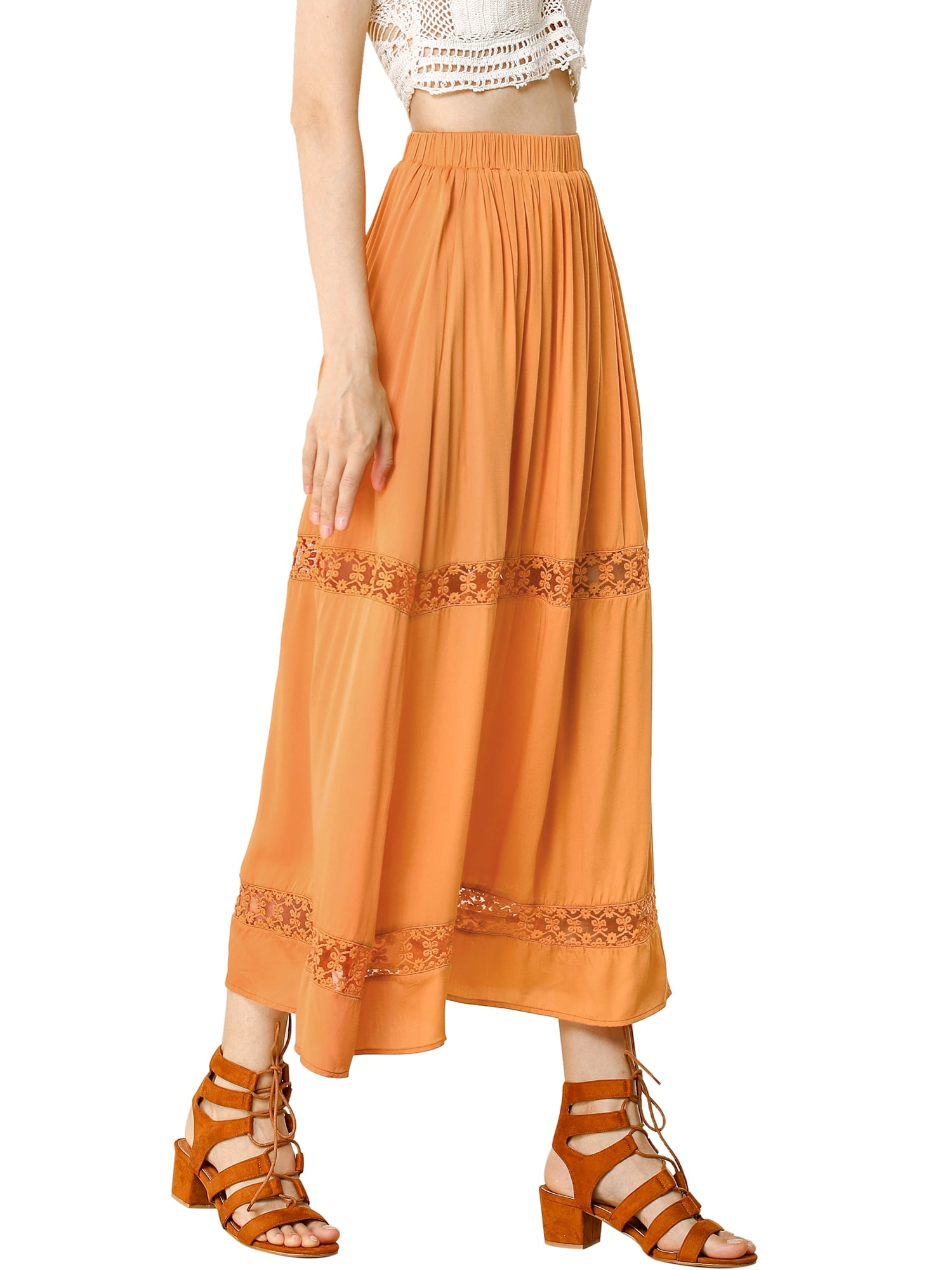 Allegra K Women's Long Skirts Elastic Waist Lace Insert ALine Maxi