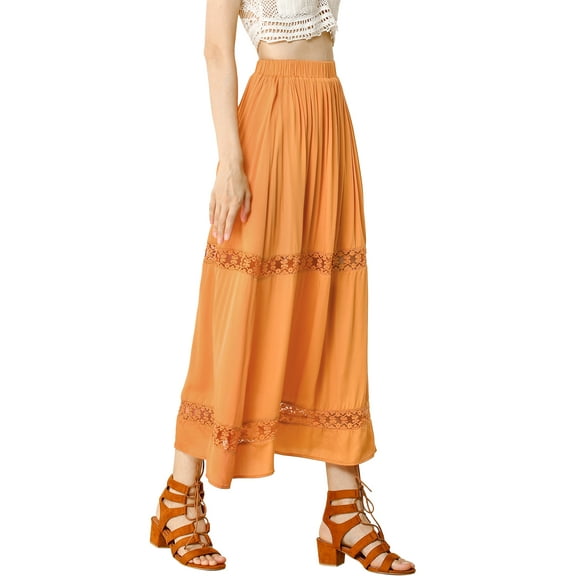 MODA NOVA Junior's Fabric Lace Insert Swing Elastic Waist Maxi Skirt Orange XL