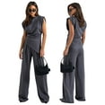 thumbnail image 2 of Women'S Round Neck Pleated Sleeveless Casual Suit,Sleeveless Crewneck Vest Wide Leg Pantsuit Business Sets with Pocket Dark Gray S, 2 of 8