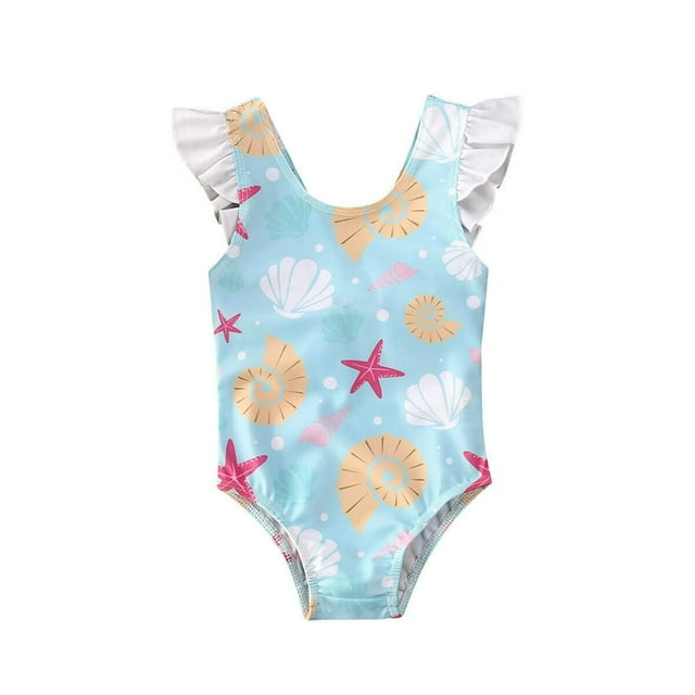 0-3Y Newborn Baby Swimsuit Sleeveless Ruffles Backless Beachwear Shell Starfish Print Bathing Suit