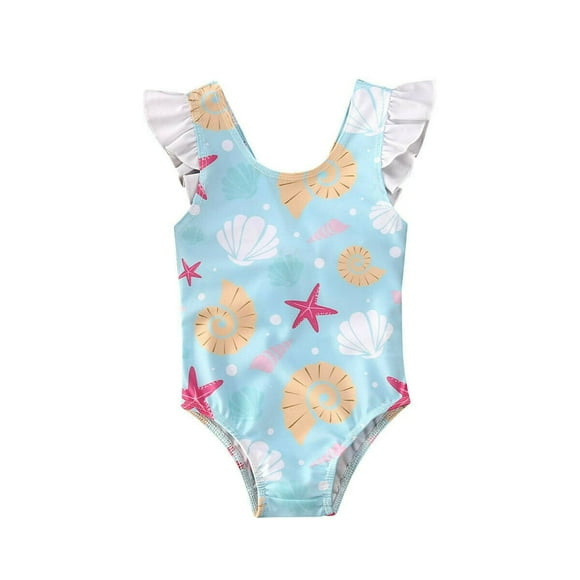 Maillot de Bain Bébé 0-3 Ans Sans Manches à Volants Dos Nu Imprimé Coquillage Étoile de Mer