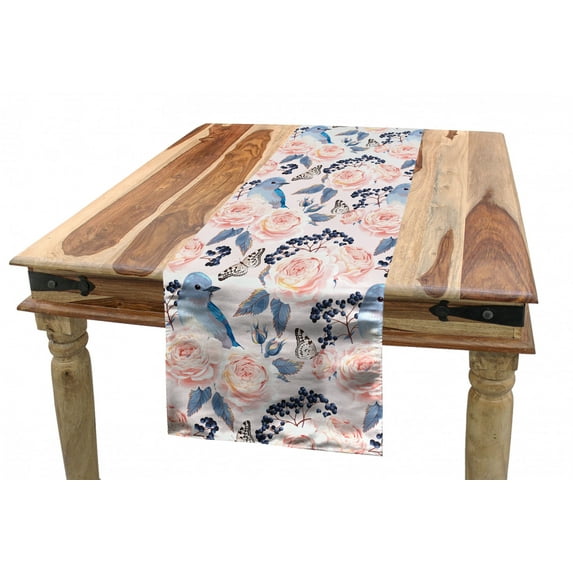 Vintage Table Runner, Pastel Blooming Peony Flowers and a Blue Colored Little Bird Flying Butterflies, Dining Room Kitchen Rectangular Runner, 3 Sizes, by Ambesonne