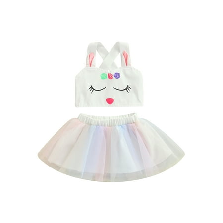 

Calsunbaby Infant Baby Girl 2PCS Set Sleeveless Crop Tops Cartoon Pattern Print Shirt Mesh Elastic Waist Skirt