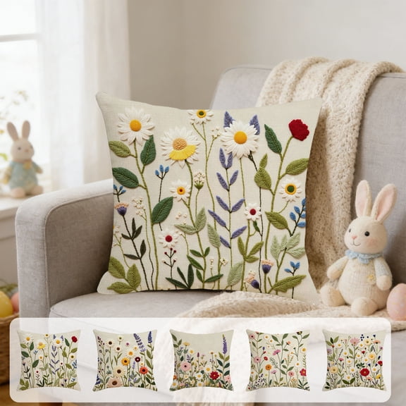 Yhmxh Wildflower Throw Pillow Covers 18"x18" Floral Faux Embroidery Print Pillow Covers with Zipper Spring Aesthetic Farmhouse Boho Cozy Throw Pillowcases for Living Room Couch Sofa Bed