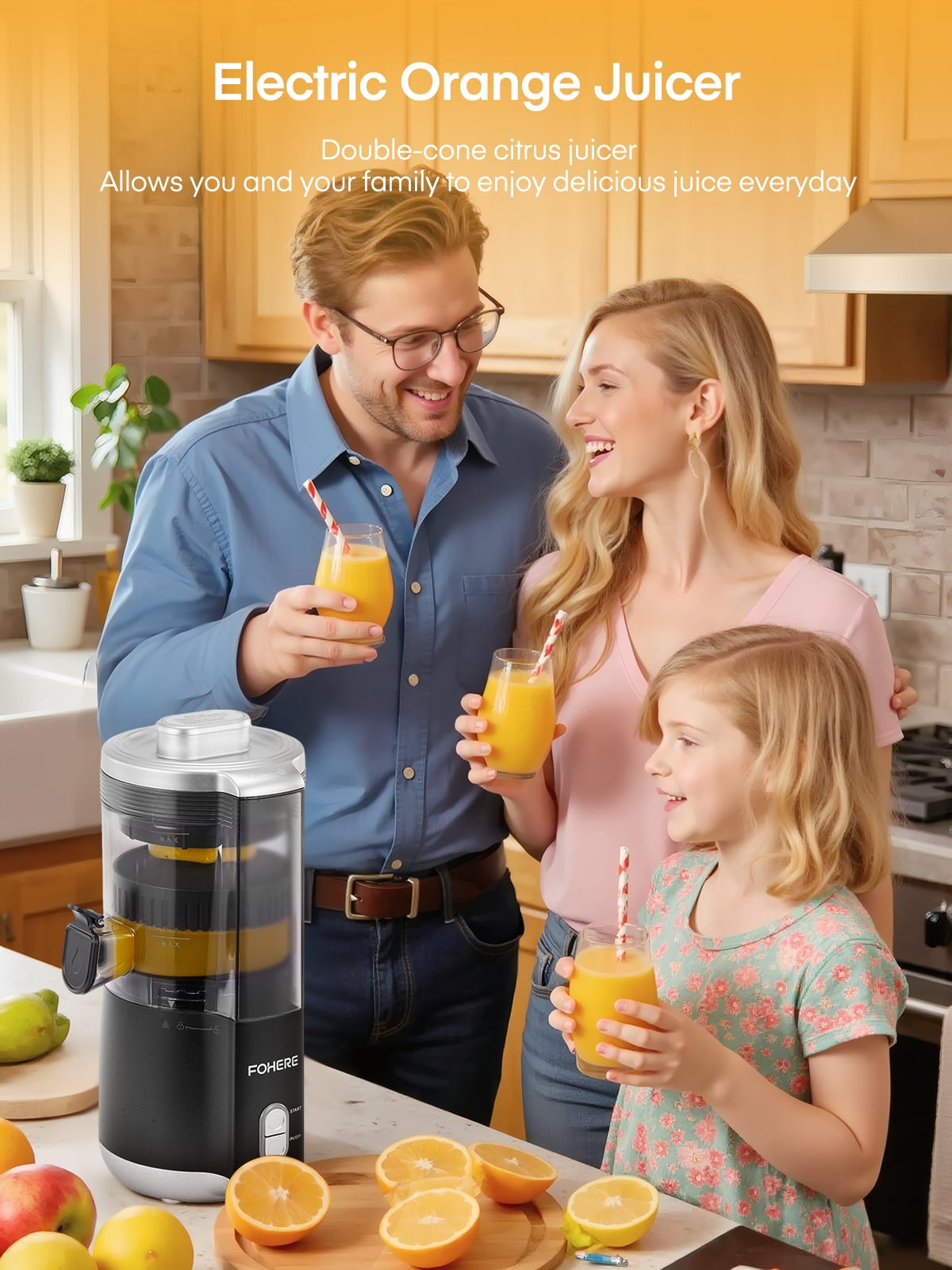 FOHERE Citrus Juicer Electric, Hand-Free Orange Juicer Machine with 2 Interchangeable Cones, ideal for Orange, Lemon, Grape, Pomegranate