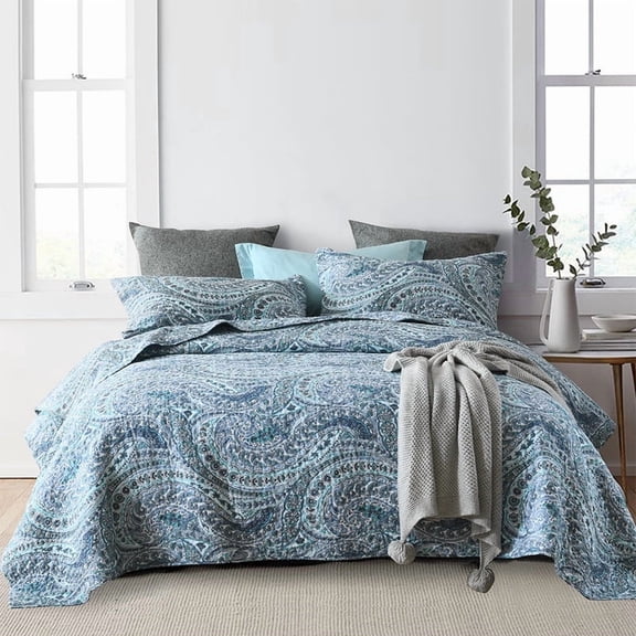 Visimisi 100%Cotton Bedspread Christmas Quilt Sets, 3 Pieces Reversible Comforter Coverlet Sets,Blue Floral Paisley Bedspread,King Size