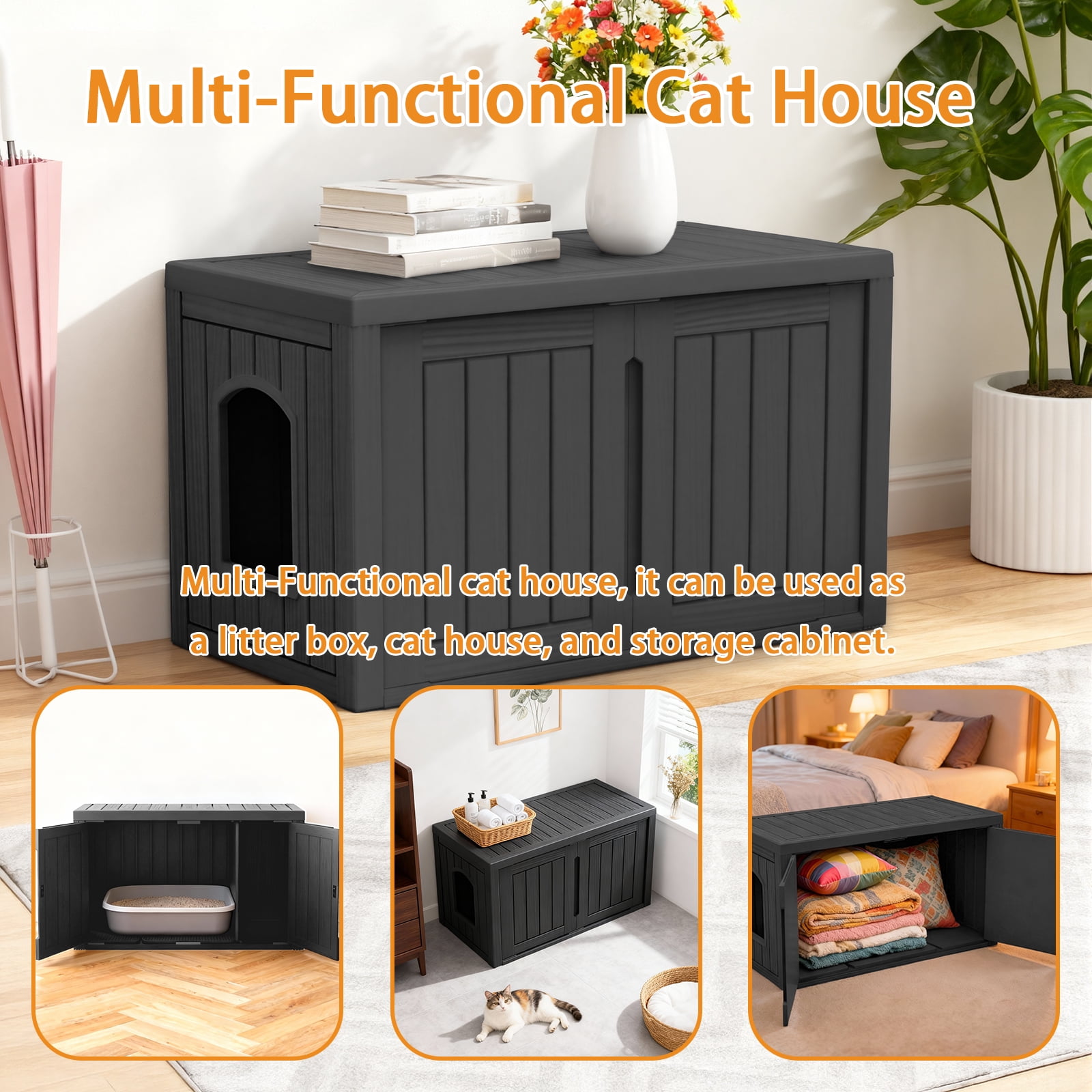 EASY UP resin cat house weatherproof scratch-resistant outdoor and indoor cat litter rooms stray cats pet supplies storage(black)