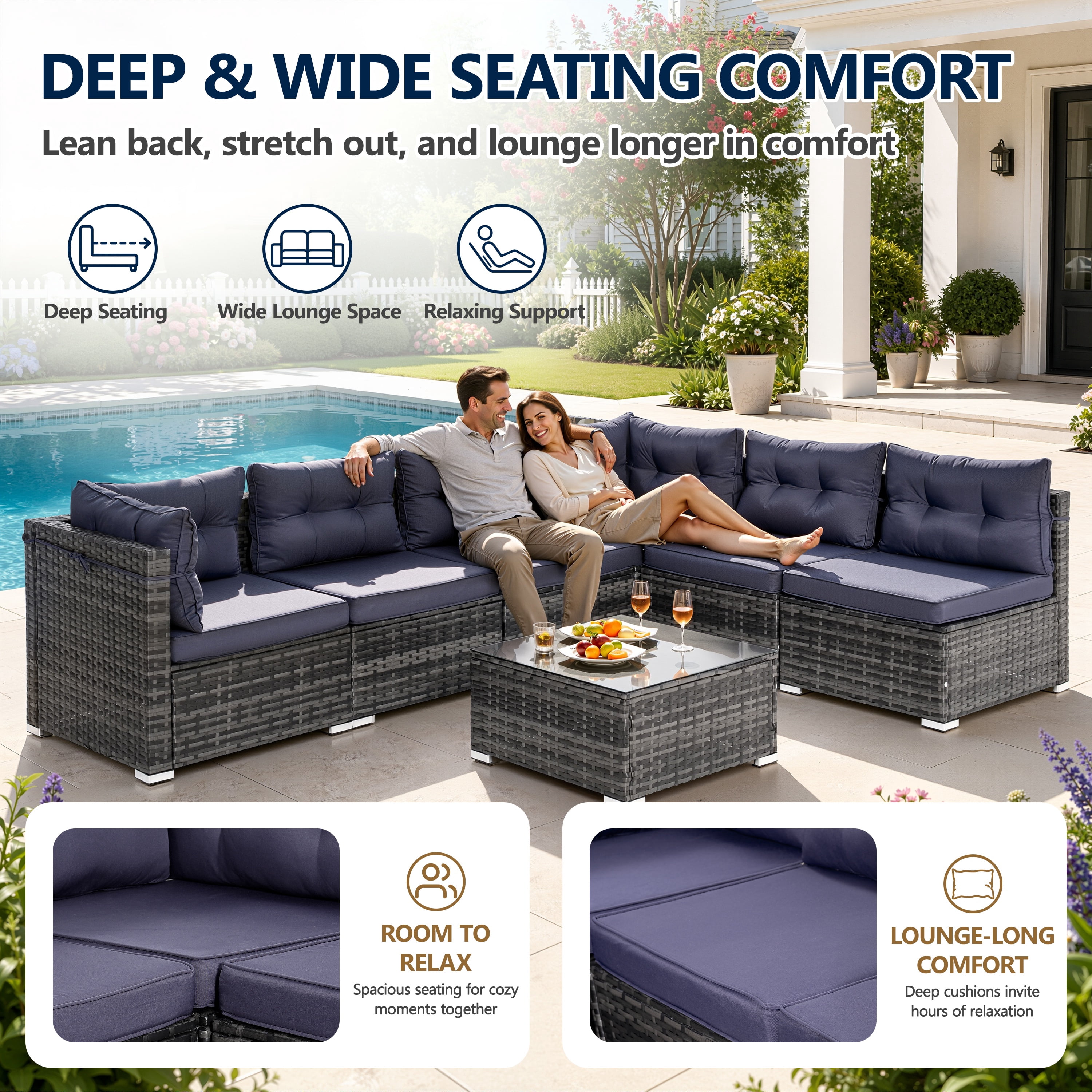 Patio Outdoor Furniture Sets, 7 Pieces All-Weather Rattan Sectional Sofa with Tea Table & Cushions, PE Rattan Wicker Sofa Couch Conversation Set for Garden Backyard Poolside