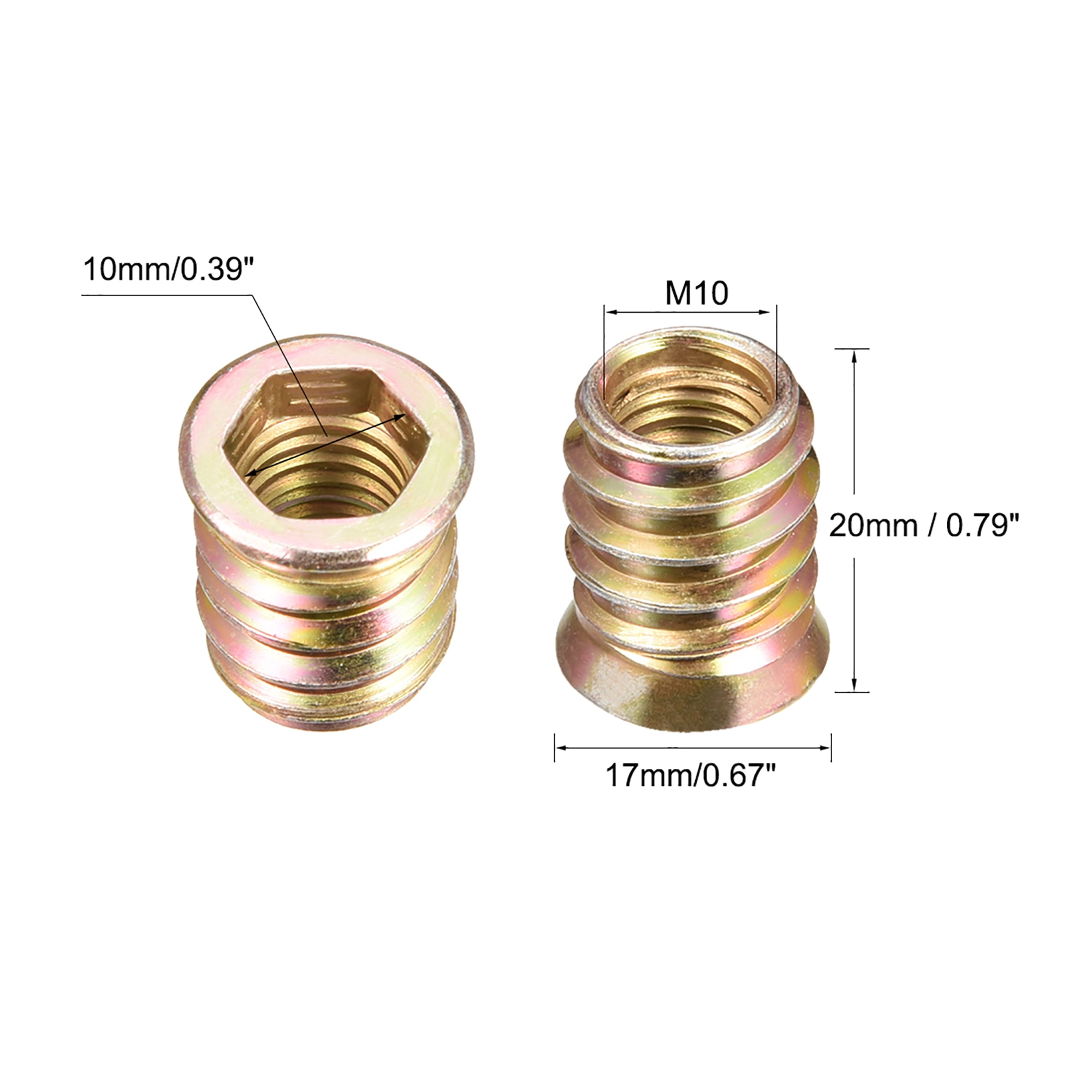 M10x20mm Threaded Insert Nuts Carbon Steel Zinc Plated 50 Pack