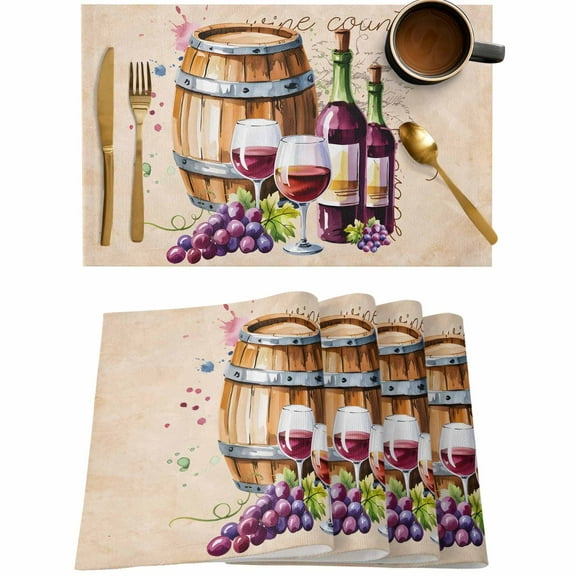 Farm Grape Wine Barrel Placemats Set of 4,Wipeable Washable Table Mats for Dining Tables,Country Farmhouse Place Mats for Kitchen Event Party Tabletop Decor