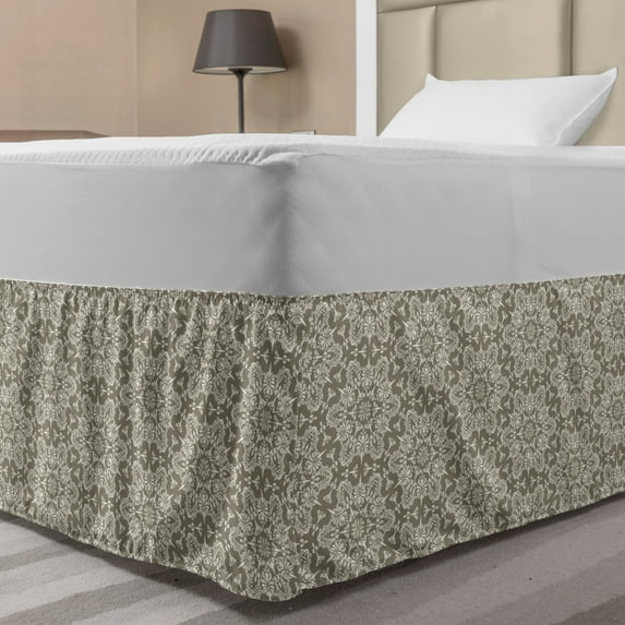 Vintage Bed Skirt, Classical Timeless Motifs Medieval Victorian Flowers and Swirls Antique, Elastic Bedskirt Dust Ruffle Wrap Around for Bedding Decor, 4 Sizes, Tan White, by Ambesonne