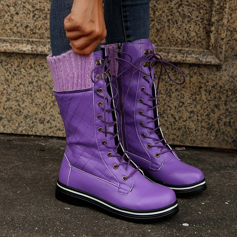 ZEZKT 2024 Women s Combat Boots Mid Calf Lace Up Fashion Boots Low Block Heel Riding Boots Round Toe Side Zipper Fall Boots Purple 6.5