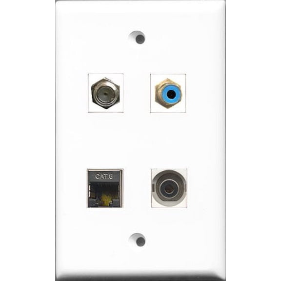 RiteAV 1 Port RCA Blue and 1 Port Coax Cable TV- F-Type and 1 Port Shielded Cat6 Ethernet and 1 Port 3.5mm Wall Plate