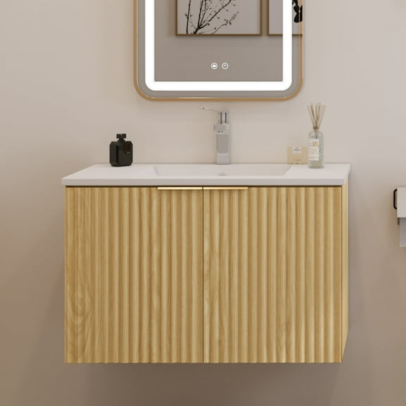 Modern Bathroom Vanity with Wavy Textured Doors - Wall Mounted Floating Cabinet, Soft-Close Waterproof Storage for Small Bathroom, Easy Install (Nature with Sink, 30)