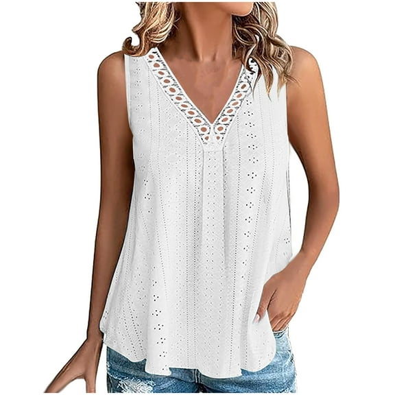 BLVB Womens Summer Tops Trendy Sleeveless Eyelet T-Shirt Dressy Casual Cute Loose Tank Lace V Neck Tunic Blouse