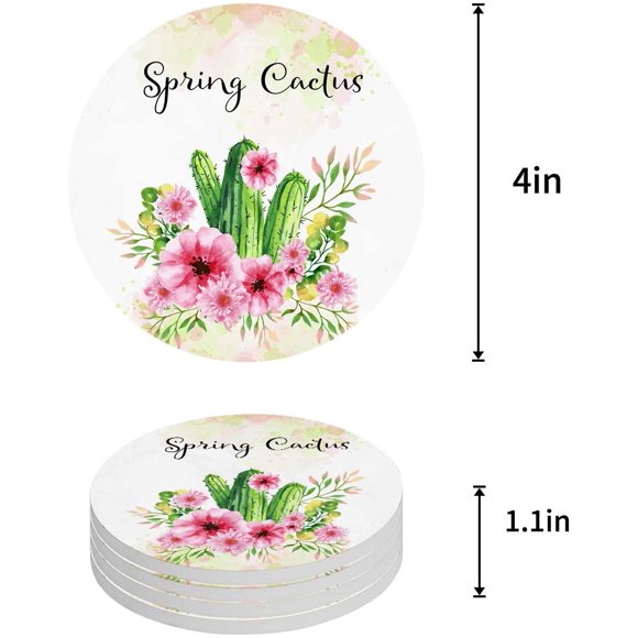 POGLIP Spring Cactus Set of 8 Round Coaster for Drinks, Absorbent Ceramic Stone Coasters Cup Mat with Cork Base for Home Kitchen Room Coffee Table Bar Decor