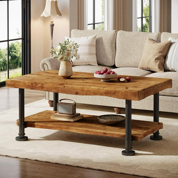 Tribesigns Solid Wood Coffee Table, 47" Rectangular Accent Center Table with 2-Tier Live Edge Shelf & Metal Legs for Living Room, Brown and Black