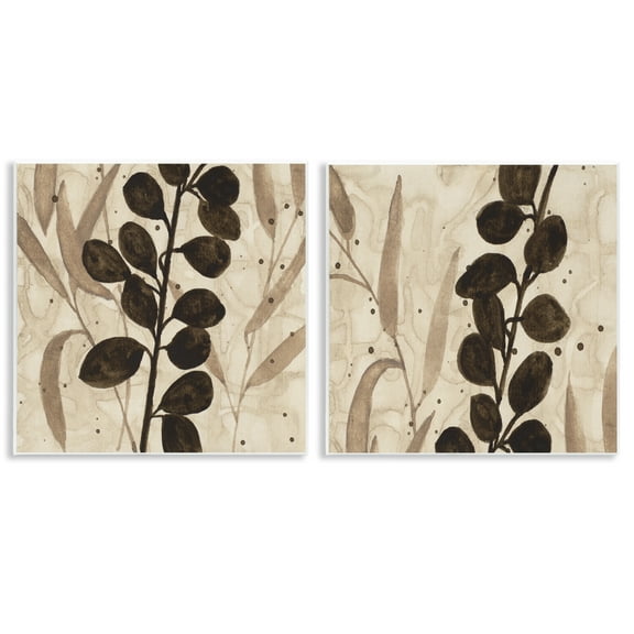 Stupell Industries Natural Tone Sprouting Leaves Floral Painting Unframed Art Print Wall Art, 12 x 12, Set of 2