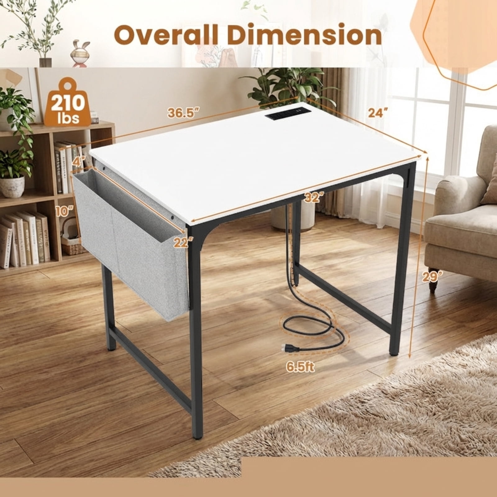 Furnibear 32 Inch Home Office Writing Desk with Charging Station Storage Bag and Headphone Hook - White