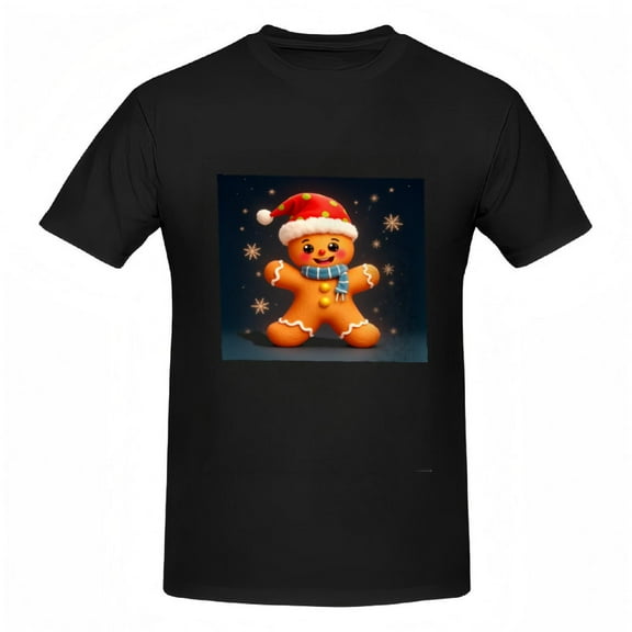 Festive Women's Cotton Short Sleeve T-Shirt with Cheerful Gingerbread Man Design Santa Hat & Snowflakes - Holiday Tee Top