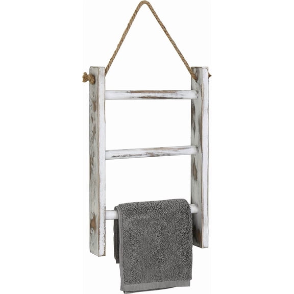 Rustic Hand Towel Holder, Whitewashed Solid Wood Farmhouse Bathroom Decor, Small Blanket Ladder for Home Decor, Wall Mounted Towel Rack for Shabby Chic Decor