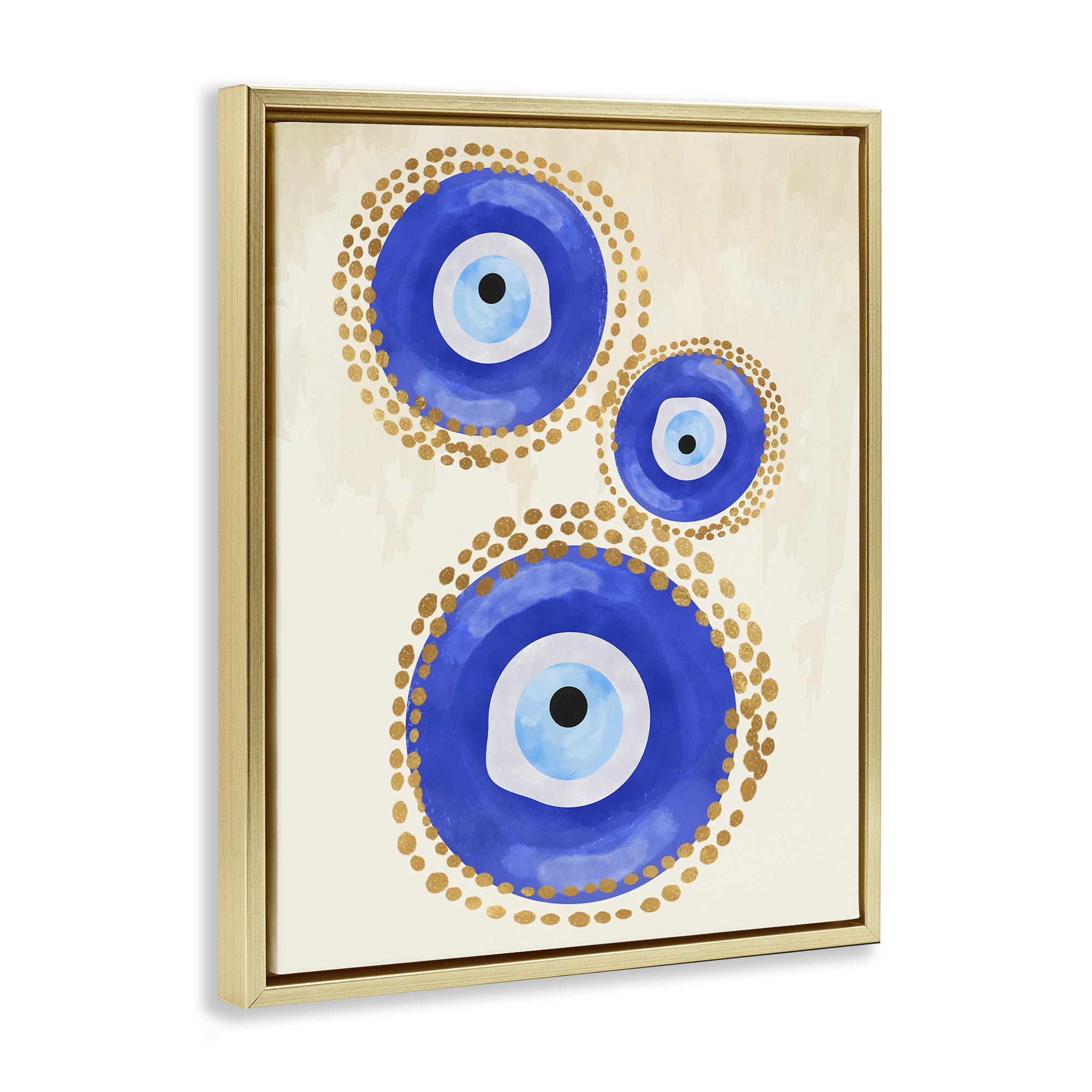 Stupell Industries Round Blue Evil Eye Pattern Lustrous Dotted Detail Painting Metallic Gold Floating Framed Canvas Print Wall Art, Design by Two Smart Blondes