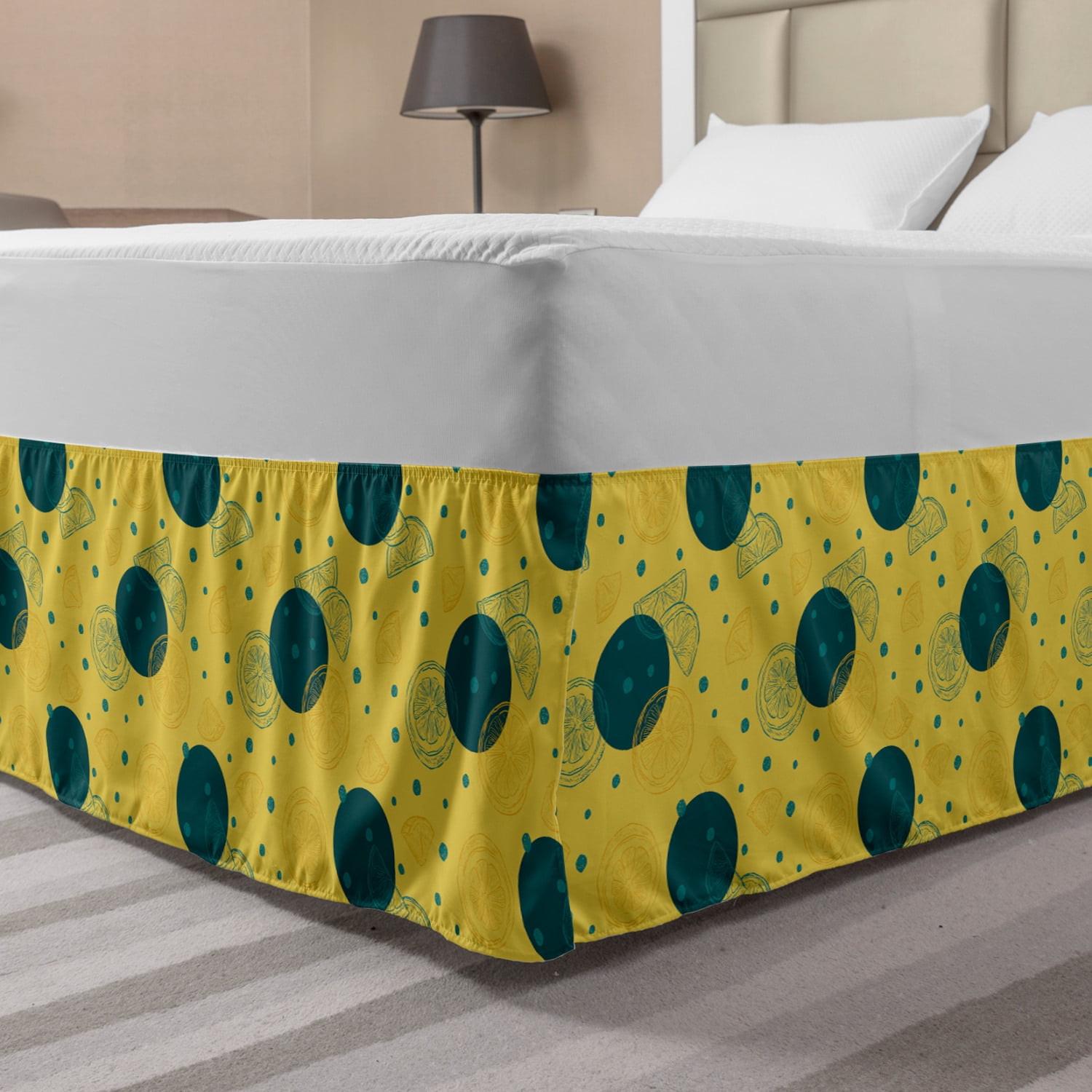 Retro Bed Skirt, Lemon Slices and Limes on Large Circles Geometric Pop