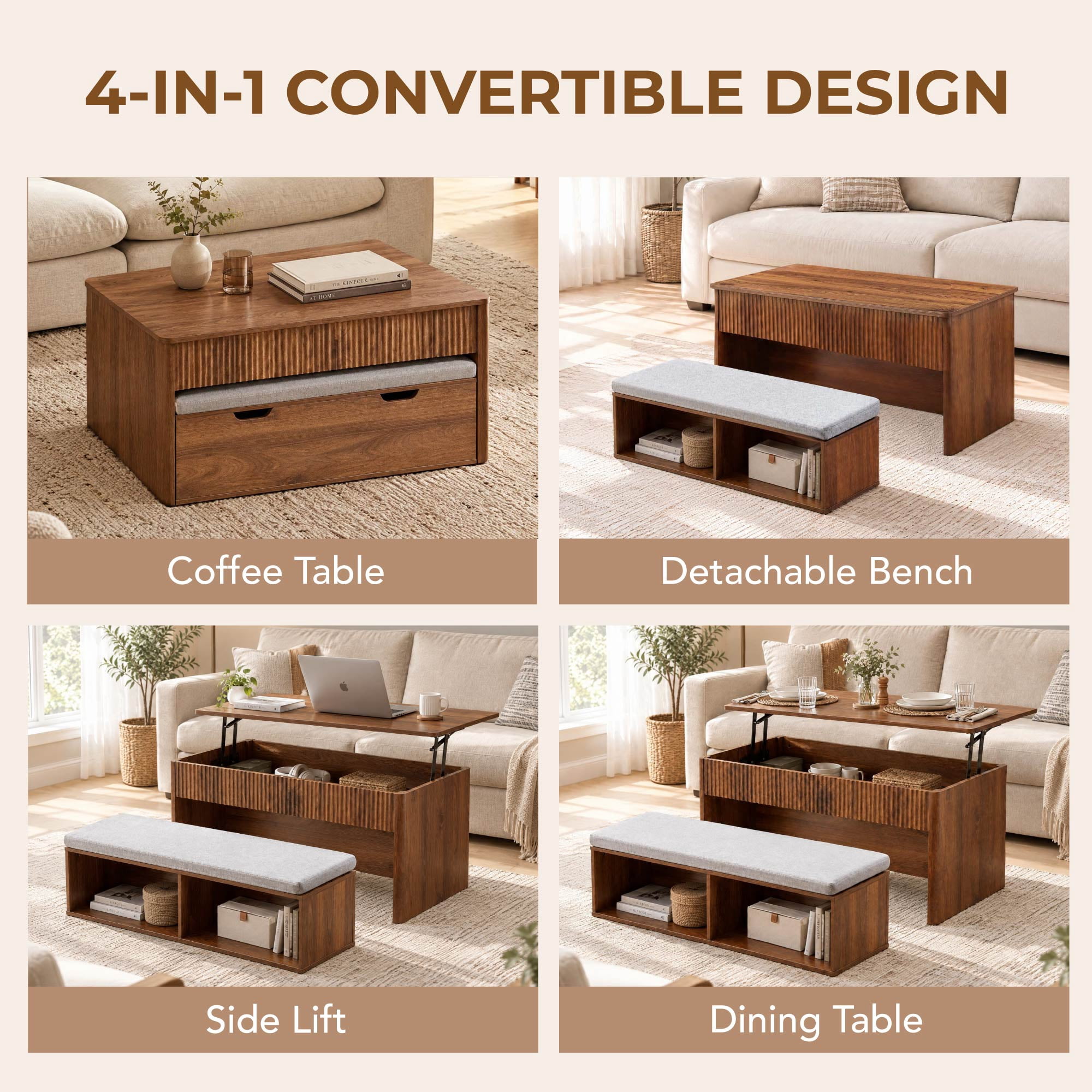 Spruce & Spring 39" Lift Top Coffee Table with Nesting Bench & Storage, Fluted Wood Design, 4-in-1 Convertible Center Table for Living Room & Small Spaces, Walnut