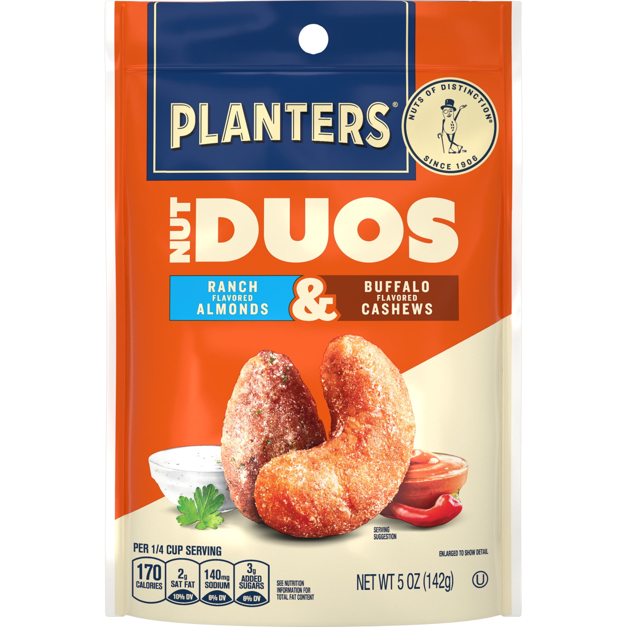(6 pack) PLANTERS Nut Duos Buffalo Cashew and Ranch Almond, 5 oz Resealable Bag