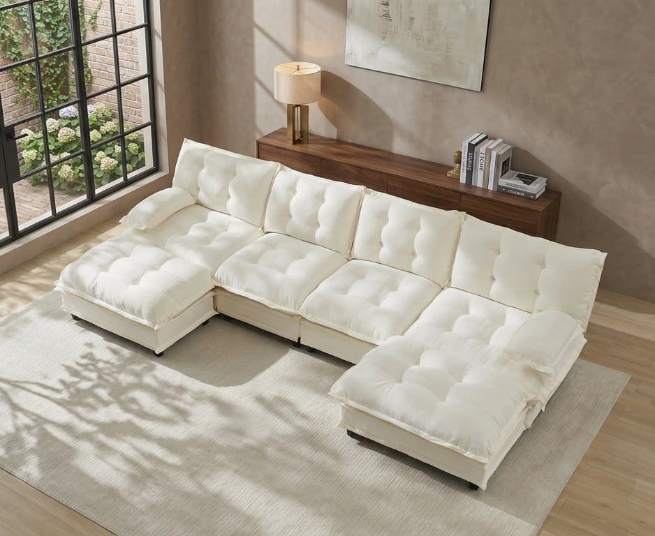 AISWORD 138" U-Shaped Modular Sectional Cloud Sofa with 2 Ottomans, Chenille Fabric Deep Seat Couch with Lattice Decored Cushions