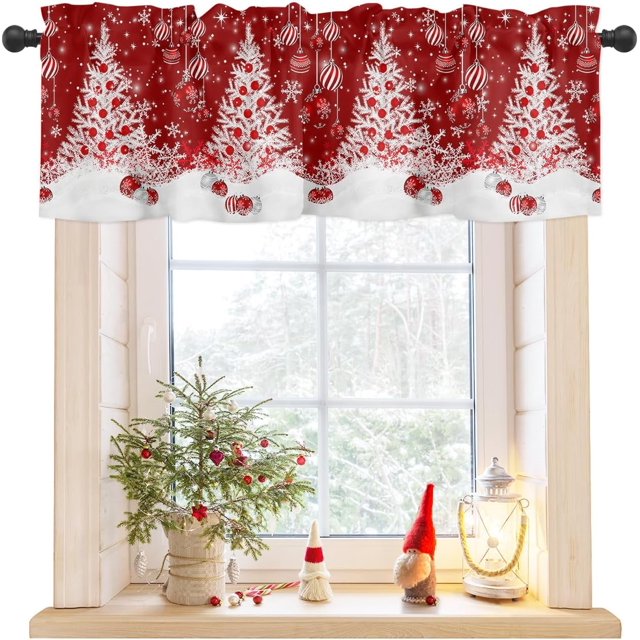 Cantonnières de Noël Rouges pour Fenêtres de Cuisine, Sapin de Noël Blanc, Flocons de Neige, Boules Rouges, Embouts de Traitement de Fenêtre à Passe-Tringle pour Cuisine/salon/chambre/salle de Bain, 54 Pouces X 18 Pouces, Hiver